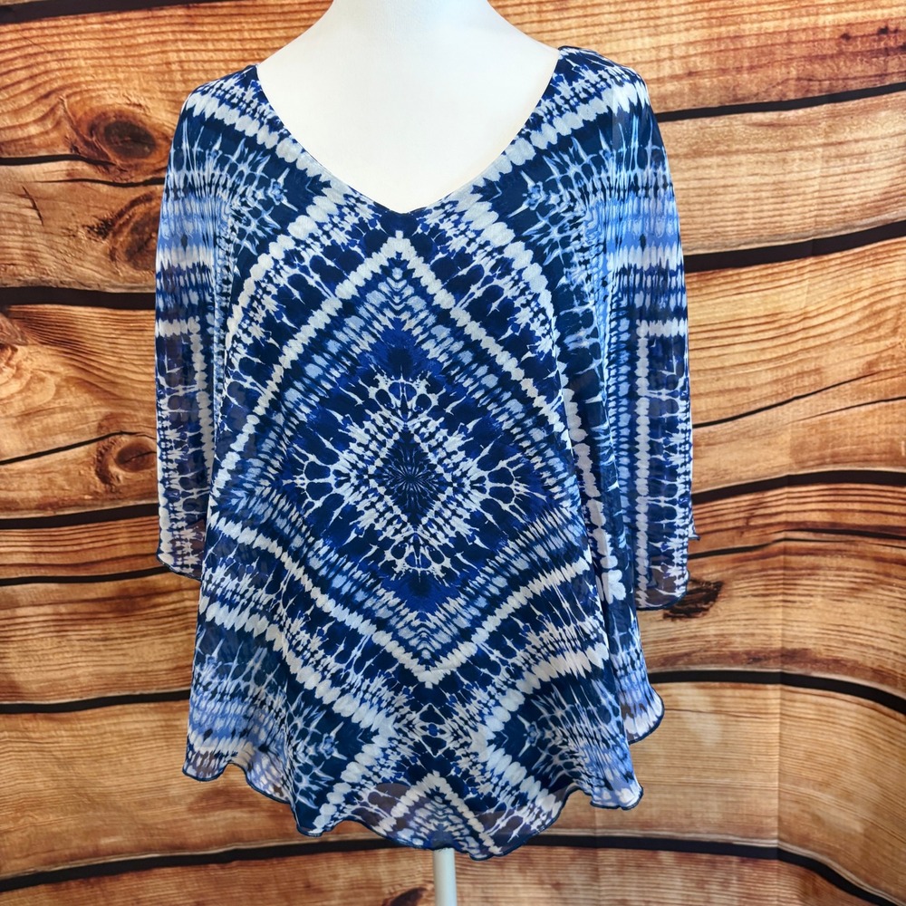 Sara Michelle Womens Blue Boho Indie Tie Die‎ Poncho Top Size L